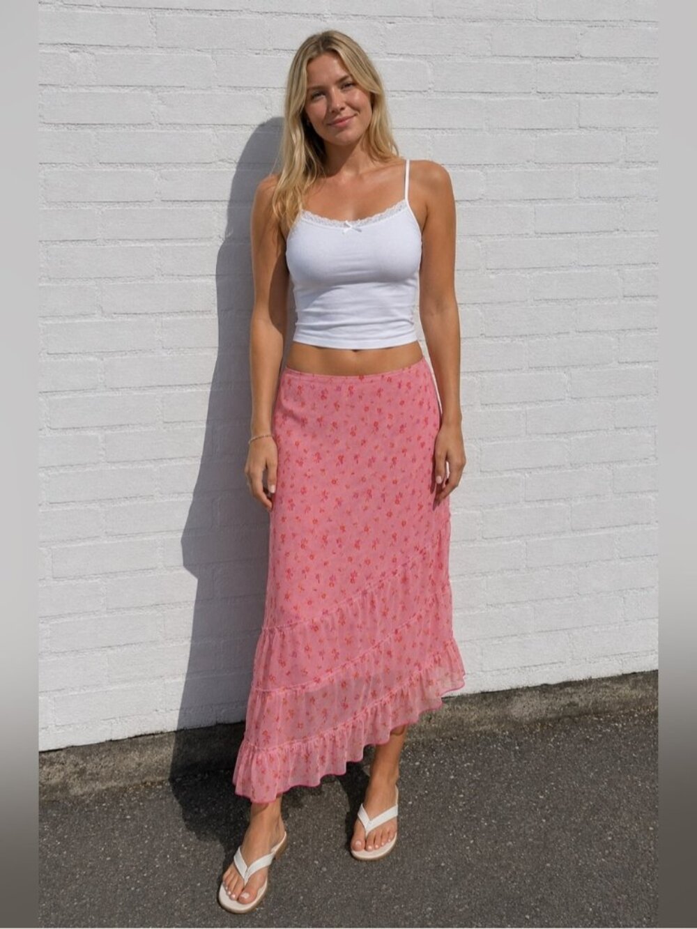 Vintage Y2K Pink Floral Low Rise Ruffle Midi Skirt Fairycore Size Medium prairie